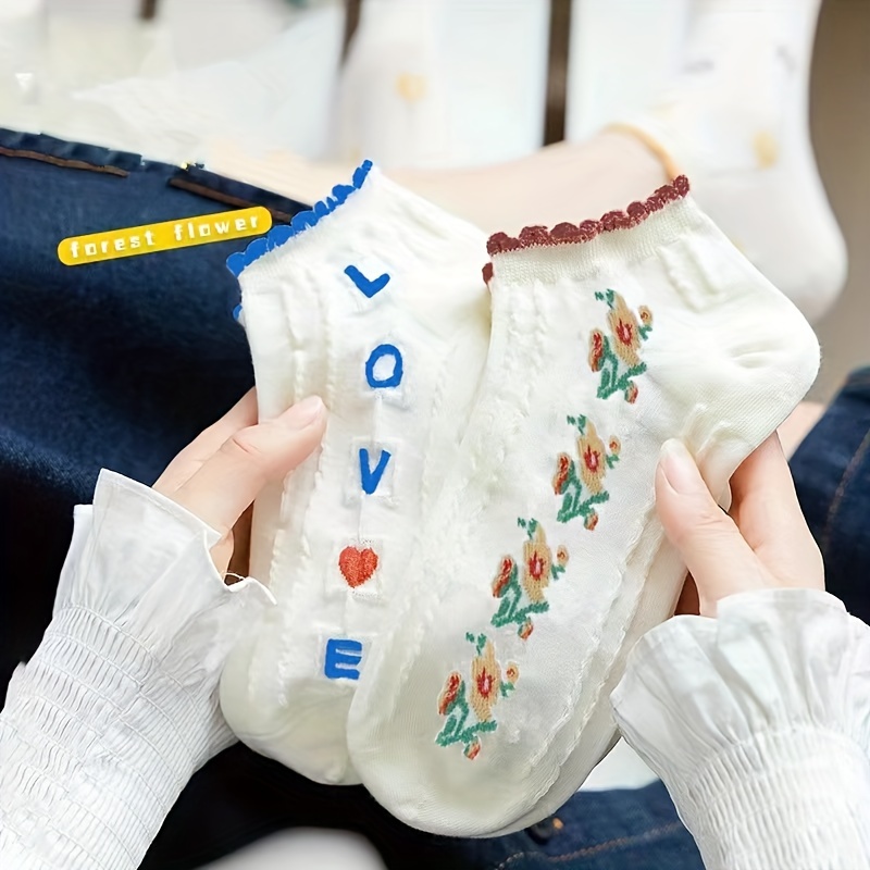 5 пар цветочных и буквенных узорчатых носков до щиколотки, Mori Style японский стиль корейский стиль короткие носки, женские чулки и чулочно-носочные изделия