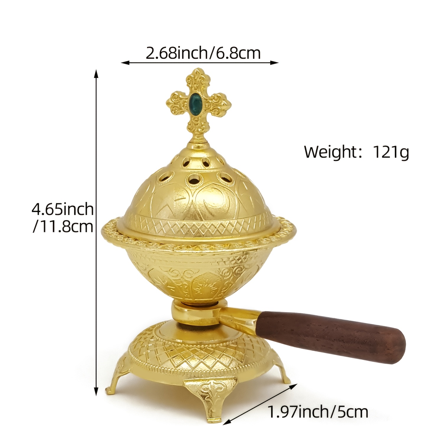 TEMU Handheld Wooden Handle , Rotatable Large Furnace Body, Decorative Lid With Emerald, Portable Burner, Suitable For Home Fragrance, Meditation,