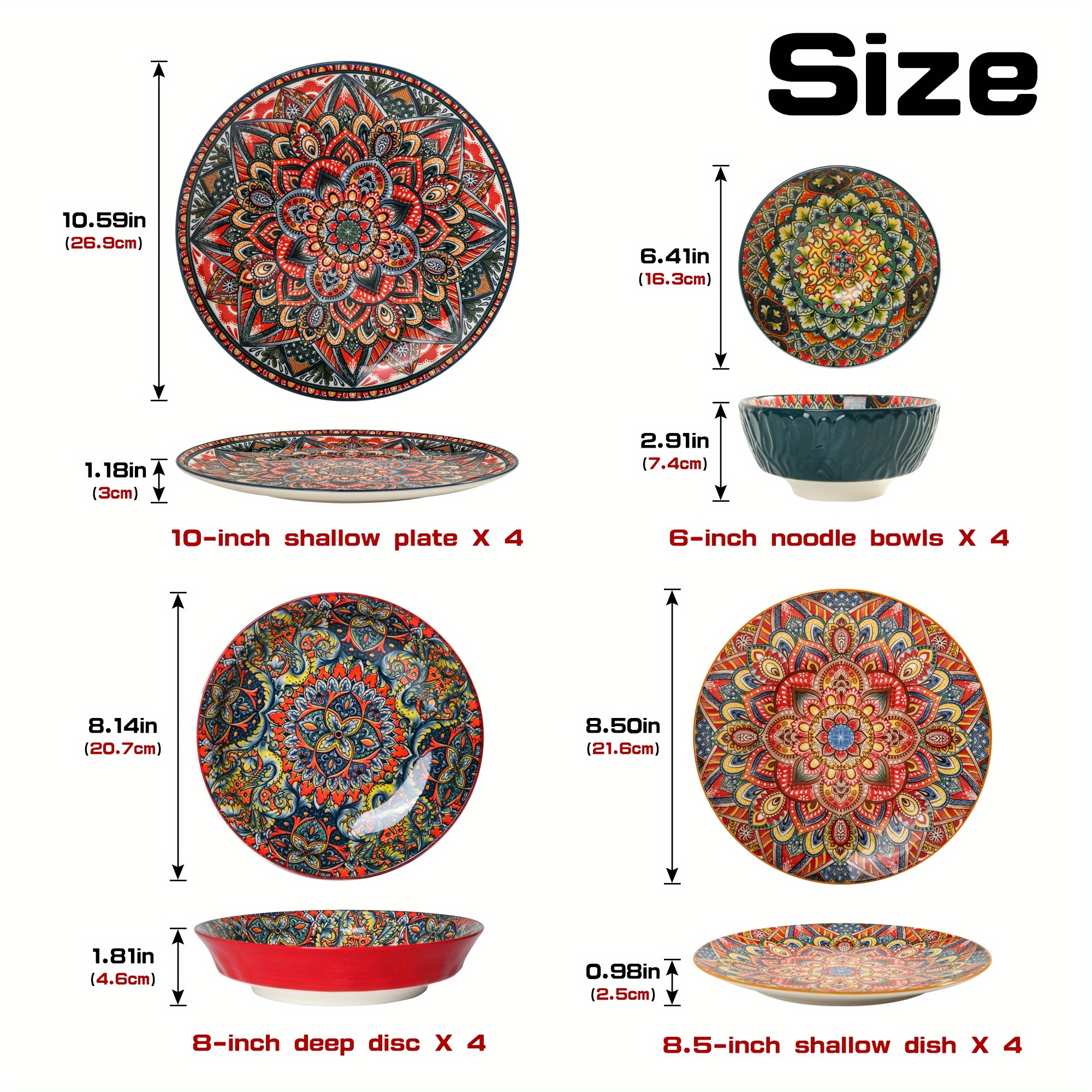 16pcs Porcelain Dinner Service For With Dinner Plates, Dessert Plates, Soup Plates And Bowls, Microwave And Dishwasher Safe, Boho Crockery Set Mixed-color Tableware Set