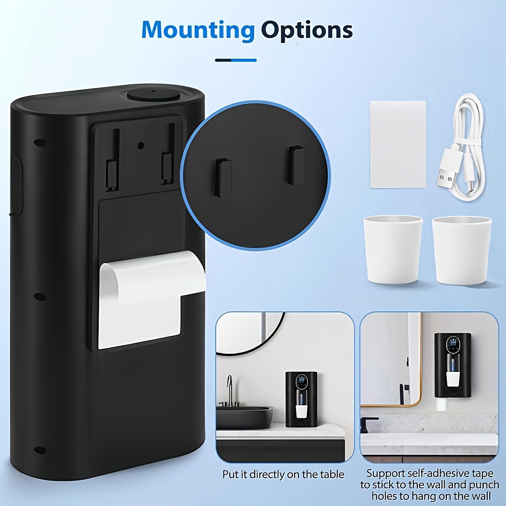 Automatic Sensing Mouthwash Dispenser, Smart Electric Mouthwash Dispenser, Wall-mounted without Drilling, USB Rechargeable, with Display, Personal Care, Oral Cleaning Liquid Automatic Dispenser, Remaining Water Tank Capacity Visible, 3-speed Output Adjustable, Large Capacity, with 2 Mouthwash Cups, Bathroom Supplies