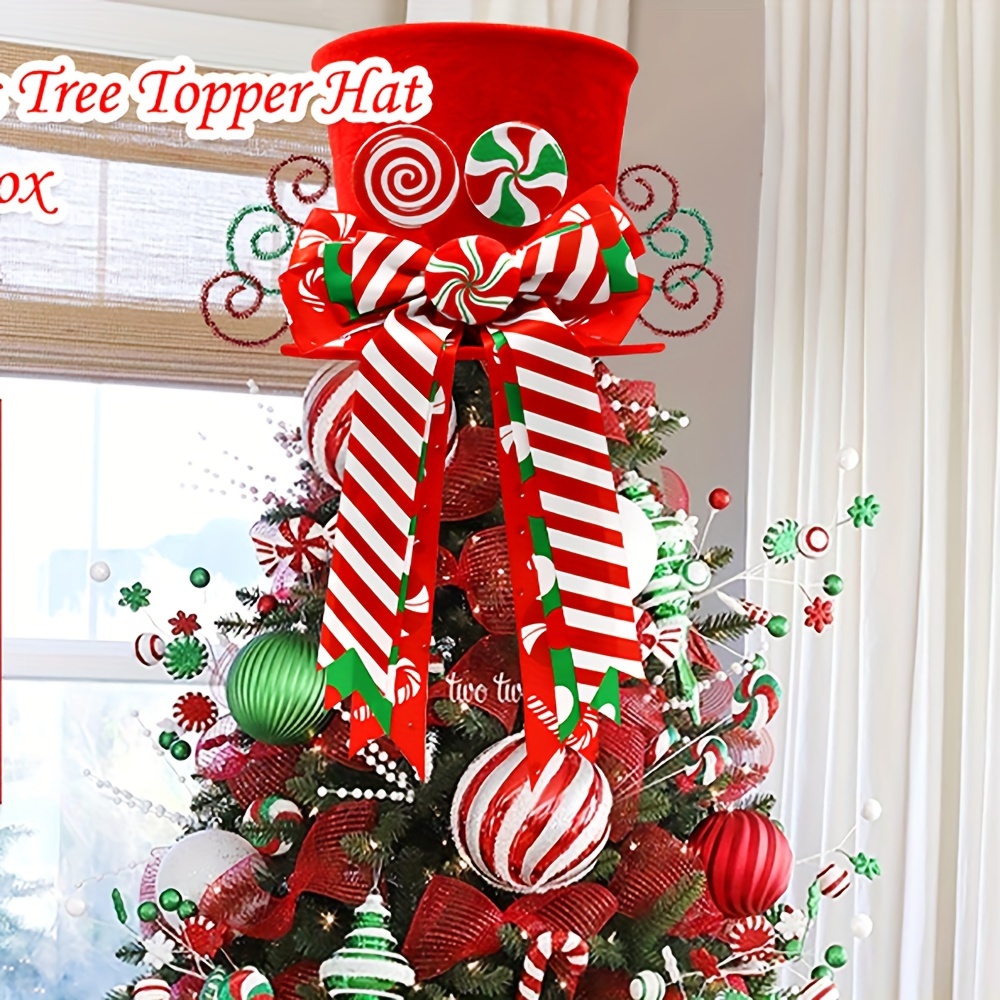 

Christmas Candy Cane Tree Topper With Red Hat & Mint Bow - Decor, No Power Needed