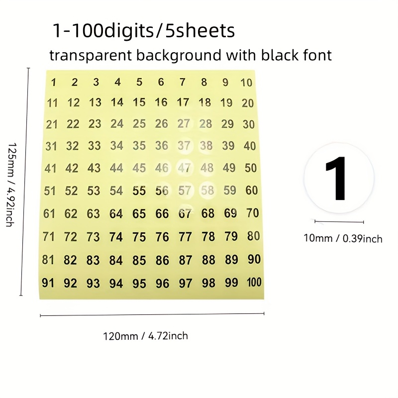 TEMU Transparent Background Black Font Self-adhesive Sticker, 5 Sheets Of 1-100 Consecutive Numbered Round Digital Stickers, Very Suitable For Use