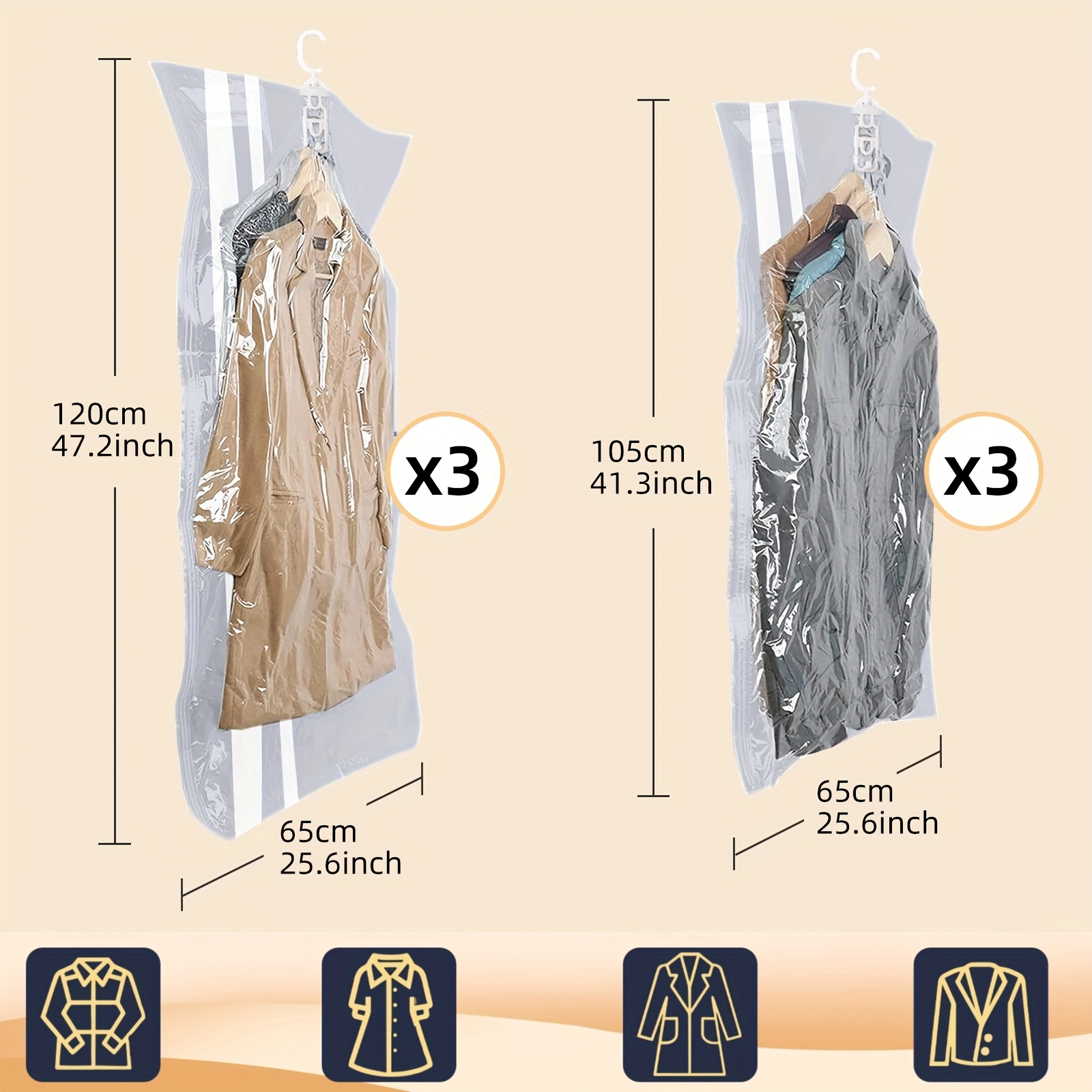 Image of 6pcs Extended Set Of Hanging Vacuum Storage Bags, Reusable Space Vacuum Sealed Bags For Clothes, Coats, Suits, Jackets And Dresses Storage Bags