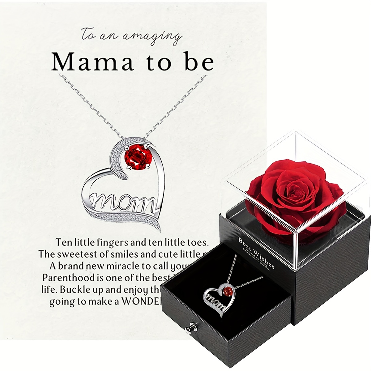 

Elegant Mother's Day Gift Set With Soap Rose Flower Jewelry Box And Heart-shaped "mom" Necklace With Greeting Card, Perfect Present From Daughter Or Son For Mother's Day And Easter Party Celebrations