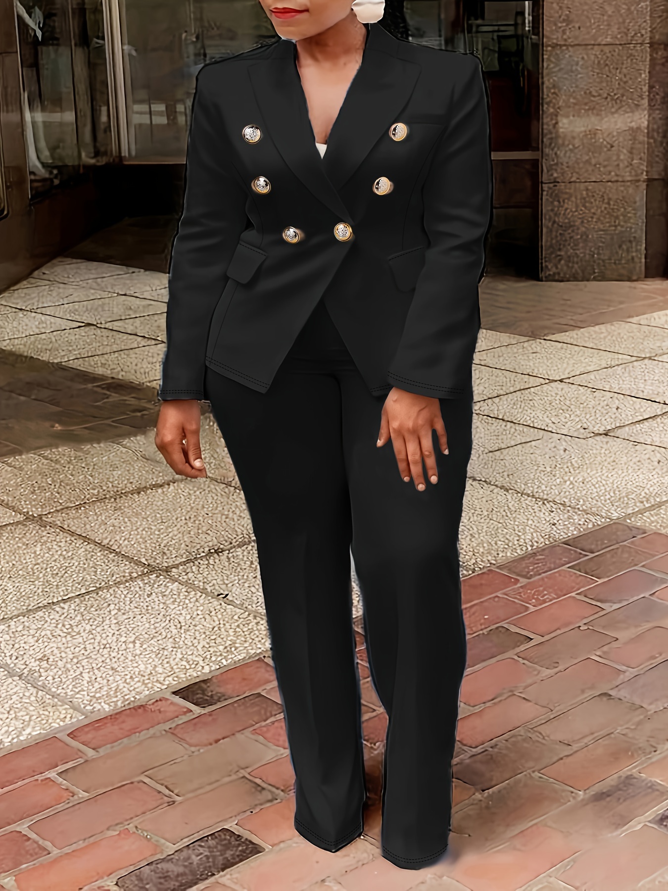 plus size elegant solid color suit set double breasted long Temu