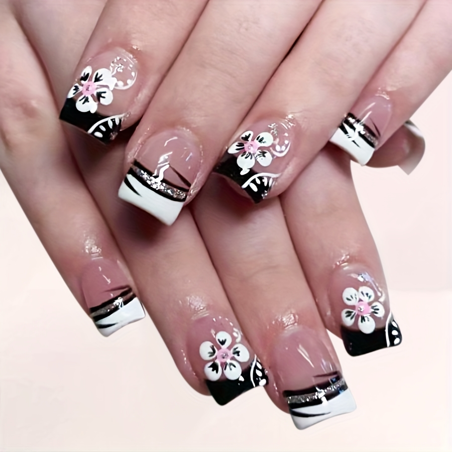 Image of 24pcs Of Short Bright Square Armor European And American -border Early And White French Striped Glitter Black And White Flowers Wear Nail Pieces With Jelly Glue And Rubbing Strips