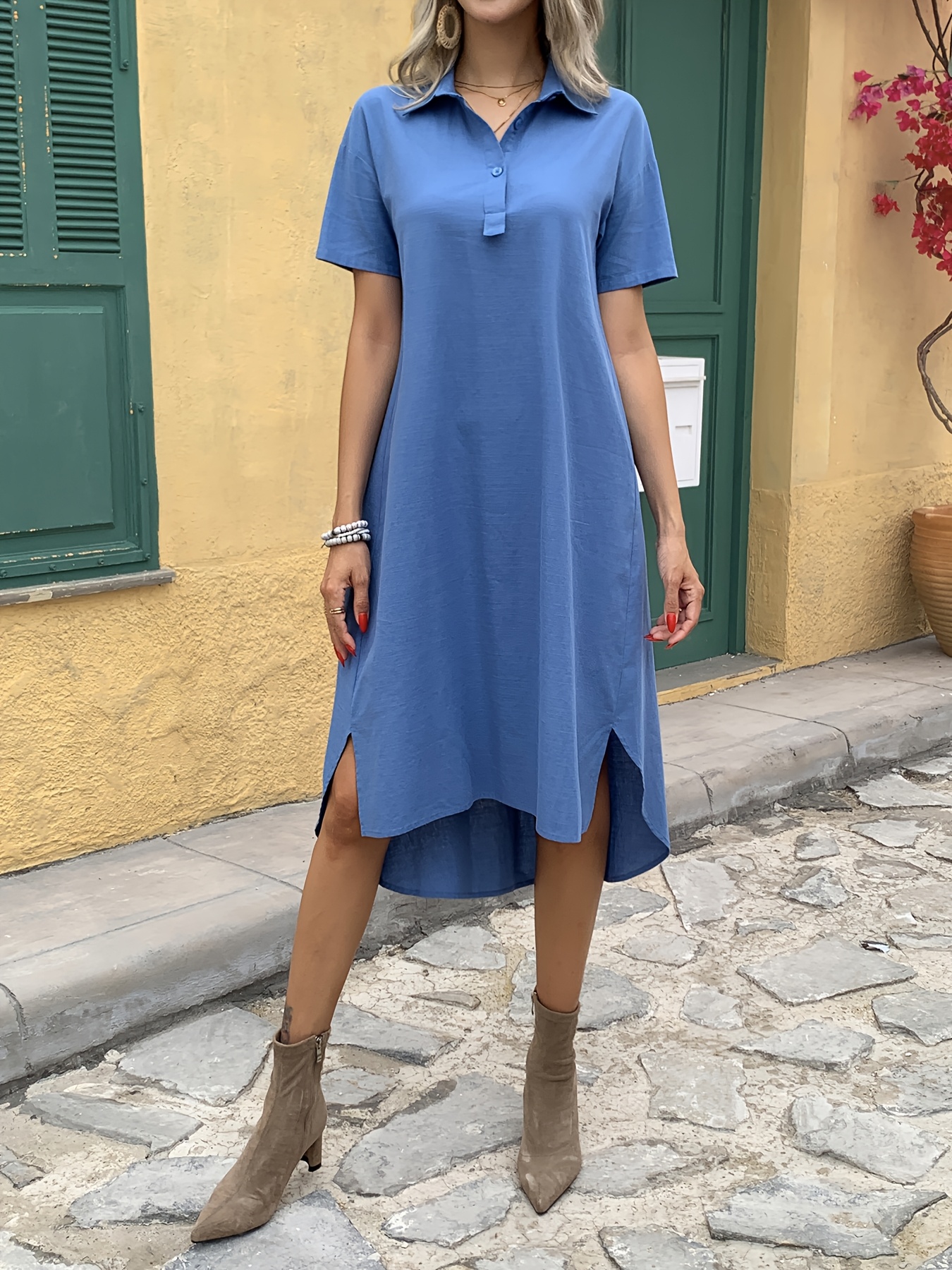 Abito Estate Donna In Cotone - Scollo A V, Maniche Corte, Bottoni, Midi, Taschene