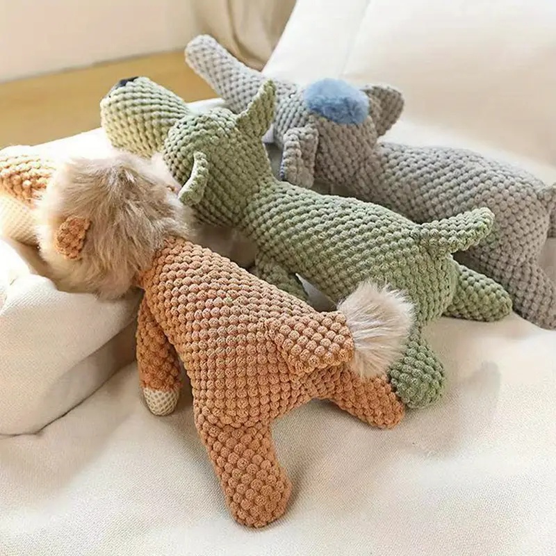 Rear view of textured plush animal dog toys