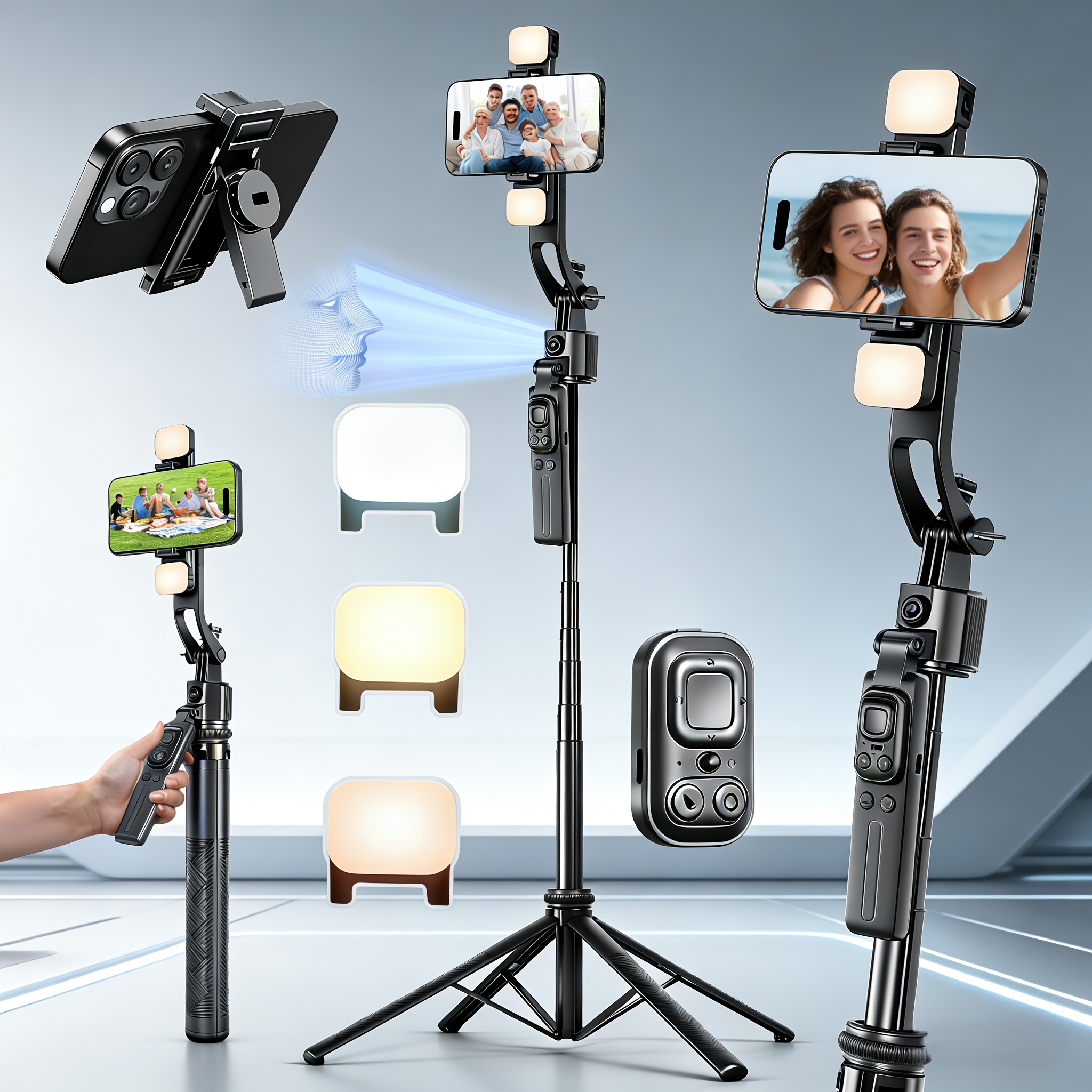 TEMU 2026 New Model Ai Selfie Stick Stand With Fill Light, Supports 360° Face Tracking, Remote Control, 63-inch Extendable Height, Stable 4-leg Base,