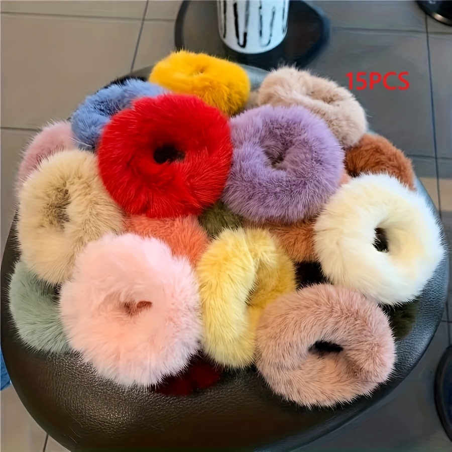 TEMU 15pcs Europe And The United States Imitation Rabbit Hair Donut Hair Circle Furry With Fashion Women's Hair Rope Daily Party Jewelry