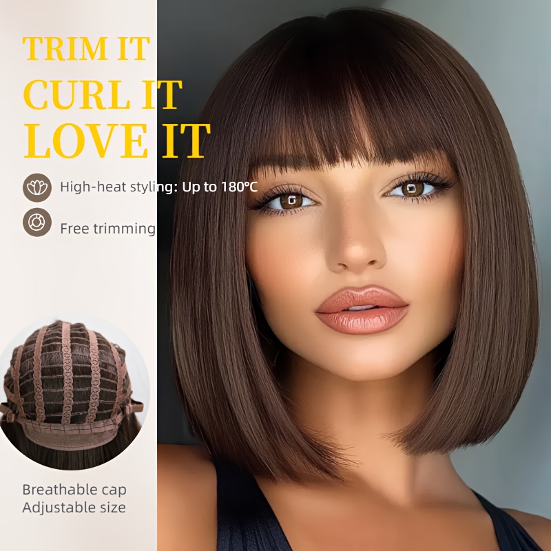 TEMU 12 Inch Natural Straight Brown Synthetic Fiber Short Wig, For Summer, Casual And Style, Daily Wearing, Breathable, Comfortable And Easy To Care For