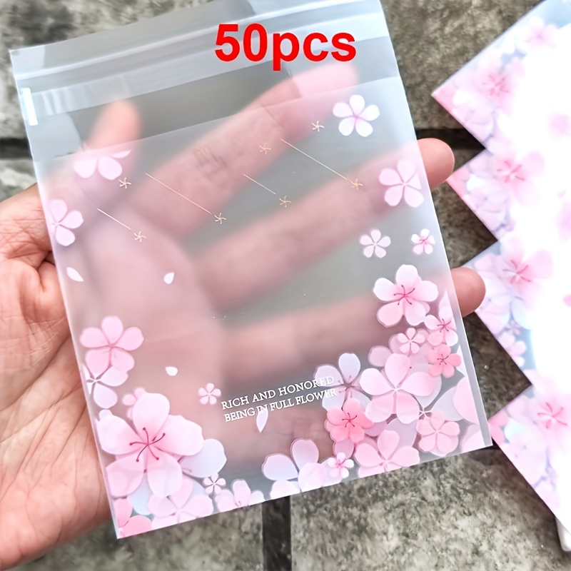 TEMU 50/200 Frosted Cherry Pattern Gift Bags, Pink Self-adhesive Wrapping Bags - Perfect For Wrapping Wedding, Birthday And Holiday Gifts (10*.18