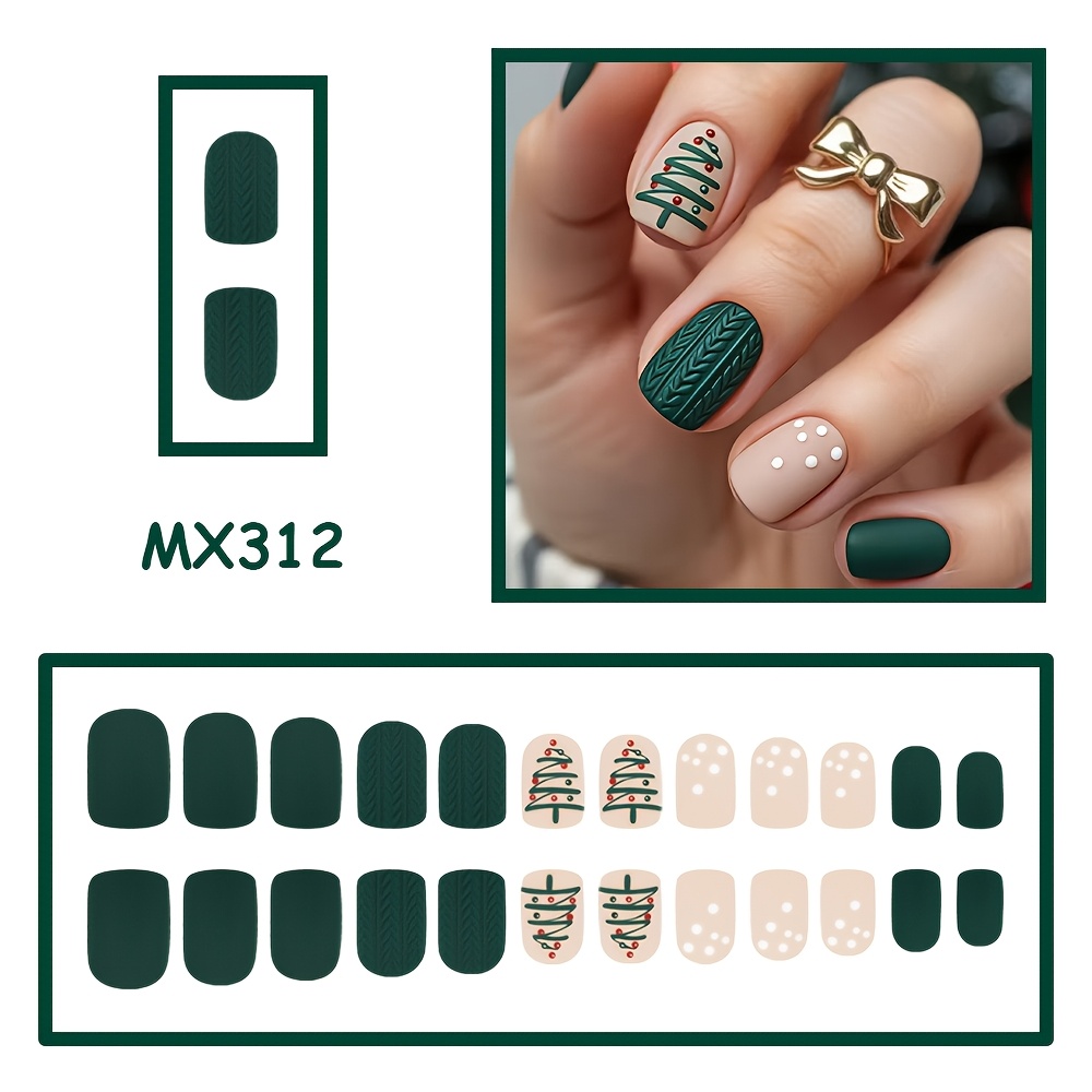 TEMU 24pcs 24pcs Matte Green Christmas Press-on Nails Suitable For Christmas Gifts, Short Square Fake Nails With Sweater Pattern & Polka Dots,