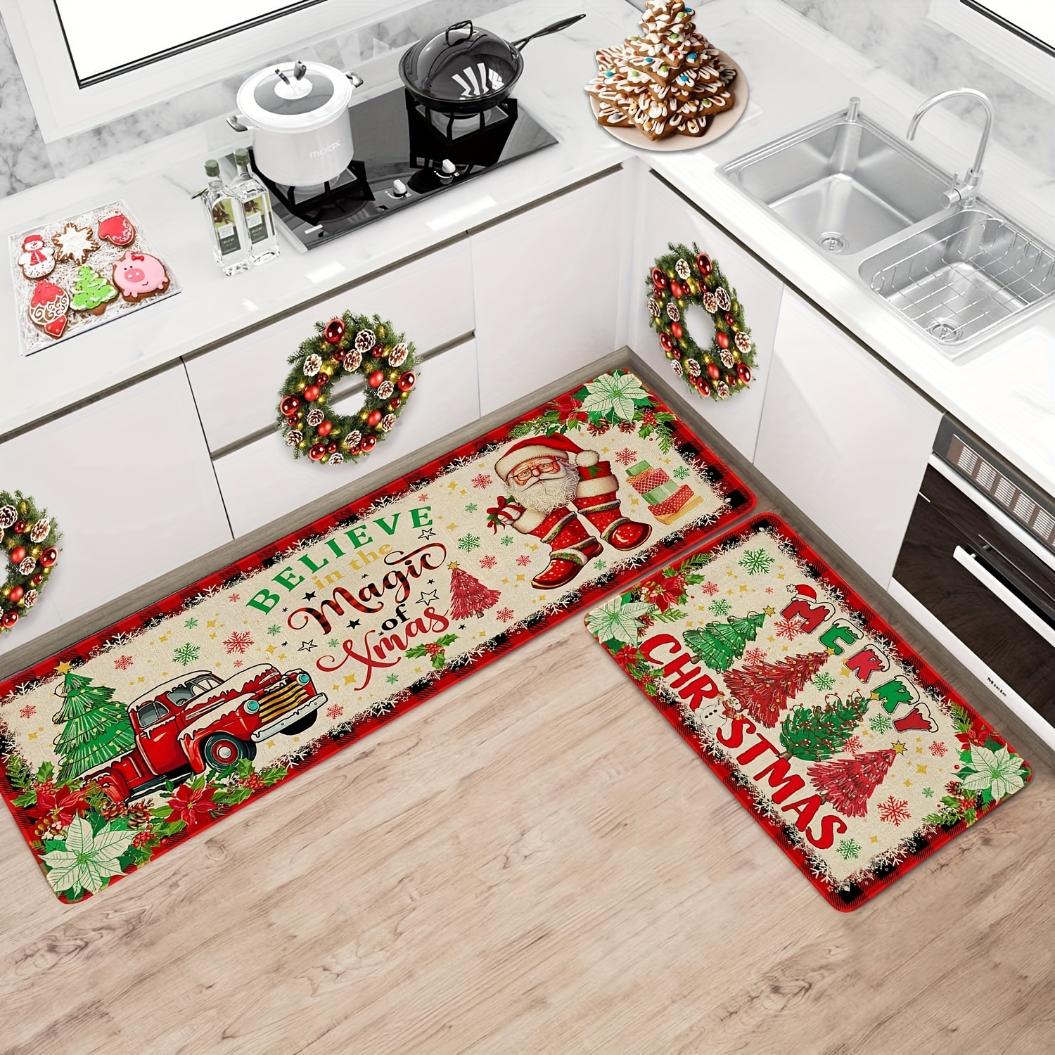 2pcs set christmas themed kitchen floor mats christmas kitchen rugs set of 2 santa claus farmhouse truck red   pattern christmas kitchen decor machine washable great for kitchen home office laundry room bathroom   christmas   flange 0 47 inch floor mat Product details 3