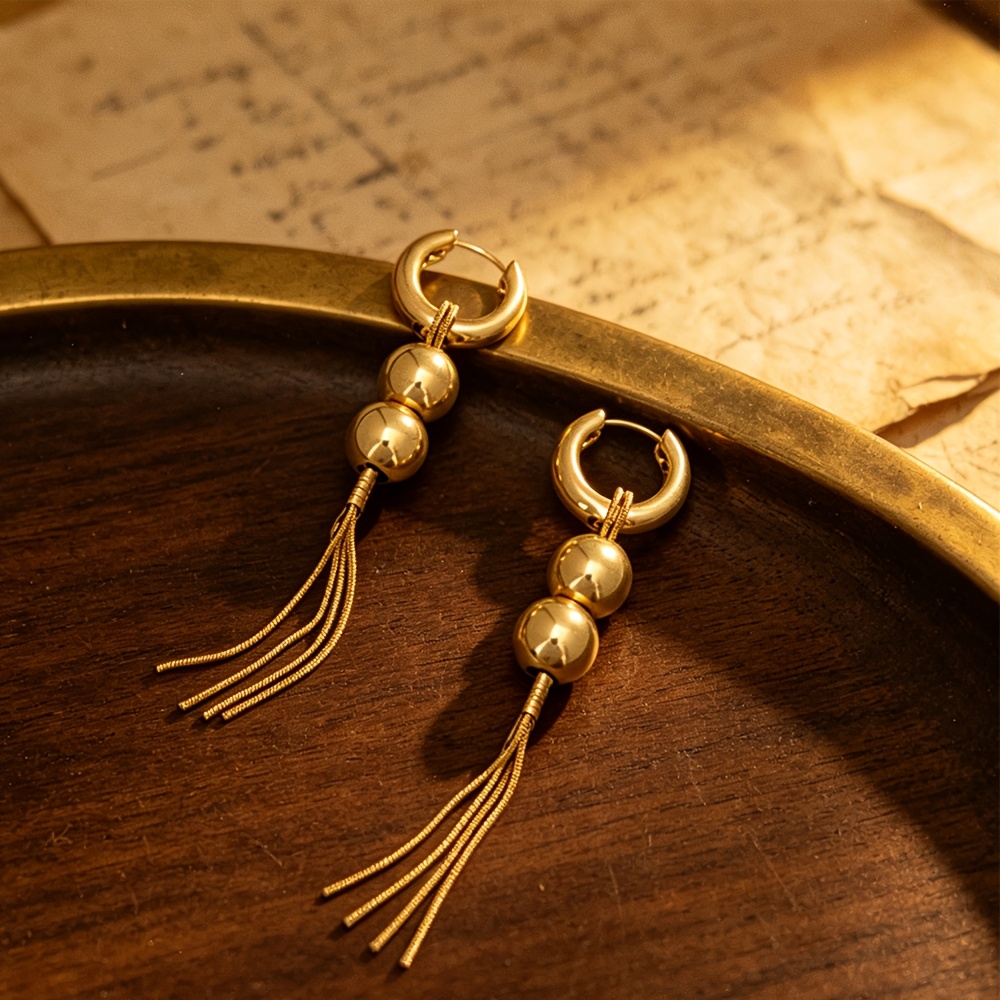 TEMU Golden Bead Tassel Long Ear Clip, Double Golden Bead Snake Bone Thin Tassel Dangle Ear Hoop Daily Temperament Women's Earrings