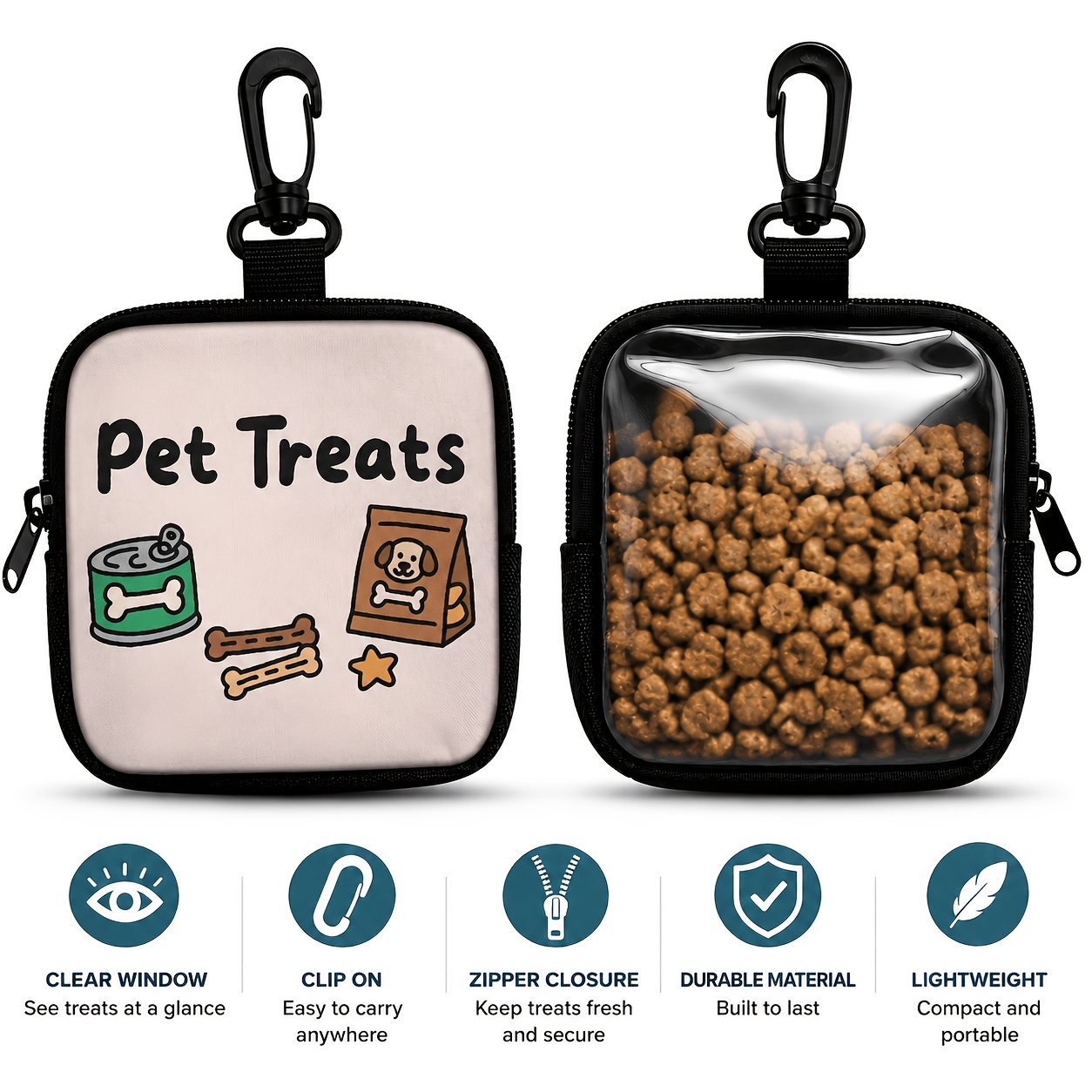 TEMU Portable Pet Treat Pouch - Zipper Dog Snack Bag With Clip For Training And Walking