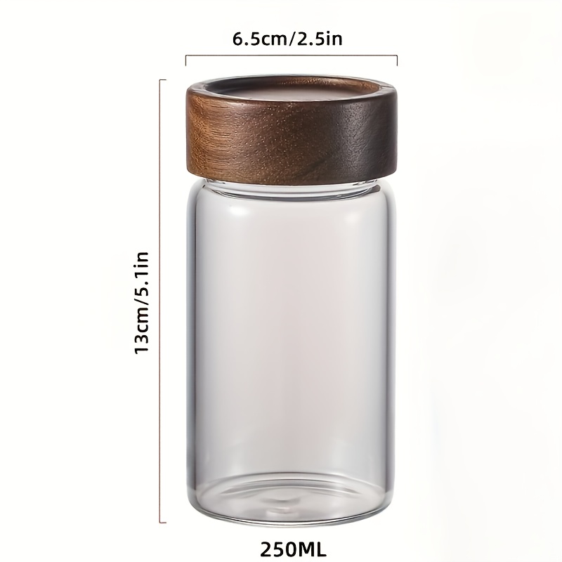 TEMU 1pc Small Acacia Wood Jar 250ml High Borosilicate Glass Household Kitchen Storage Bottle Nuts Coffee Beans Sealed Bottle Powder