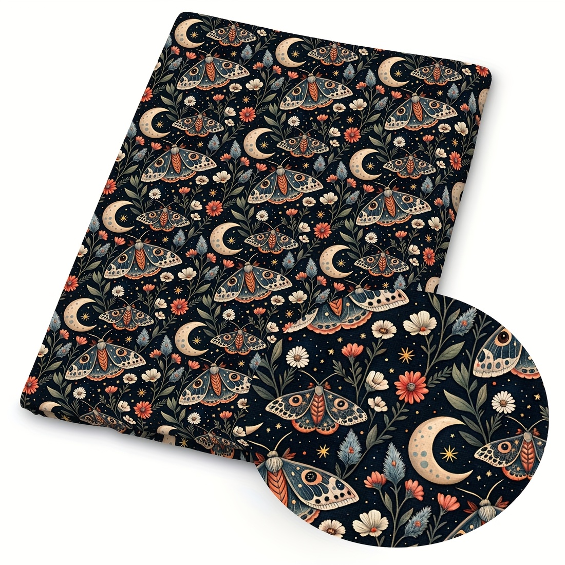 TEMU 1pc Night Moth Print Fabric - 59 X 19.68 Inches (150 X 50cm) Pre-cut Polyester Fabric With Mystical Moth Patterns - Suitable For Diy Sewing,