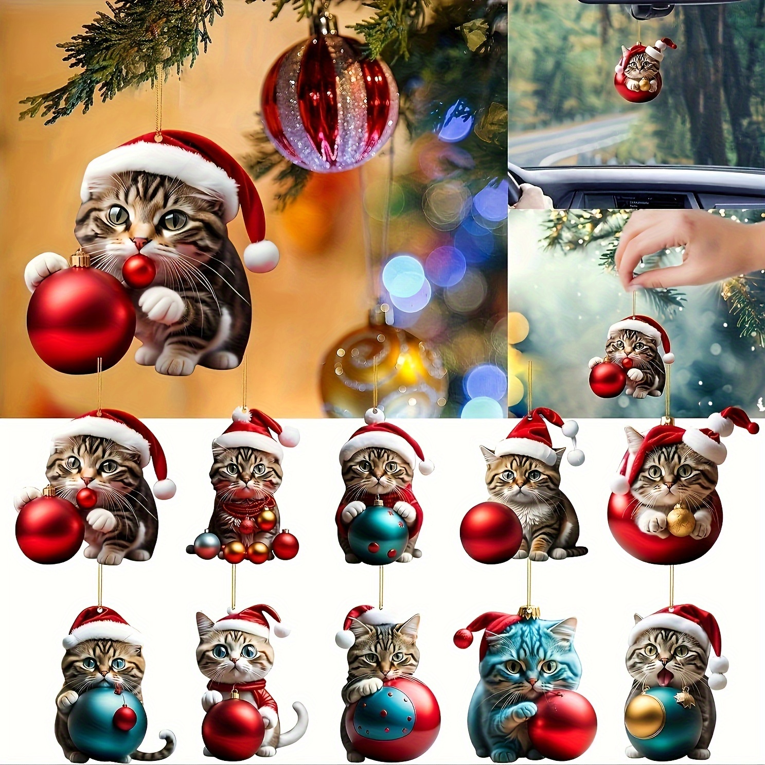 

10pc Christmas Cat Acrylic Ornaments Set - Plastic Santa Hat Kitty Hanging Decorations For Christmas Tree, Car Rearview Mirror, Keychain, Home And Party Decor