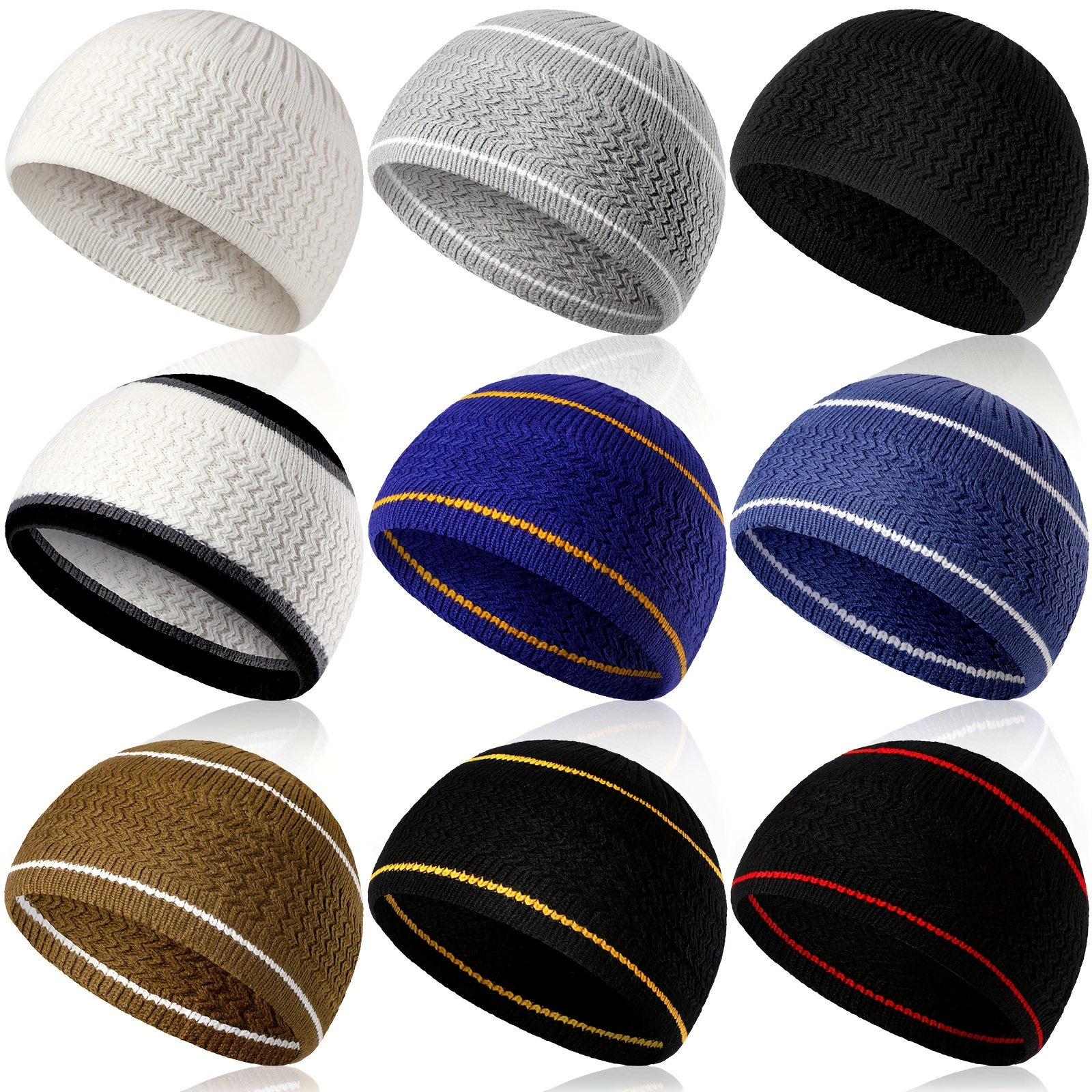Set Of 9 Kufi Hats And Skull Caps Suitable For Men And Women, Featuring Designs