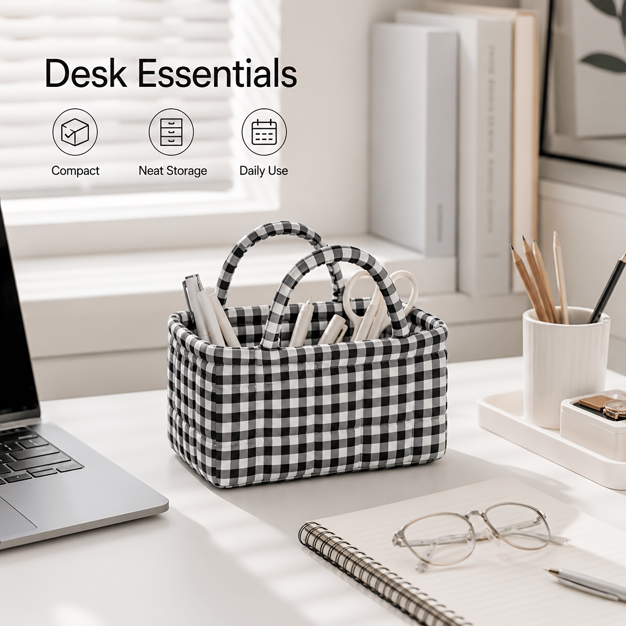 TEMU Gingham Quilted Storage Basket With Handles, Small Padded Fabric Organizer Bin For Makeup, Skincare, Toiletries, Vanity, Bathroom, Desk & Shelf,