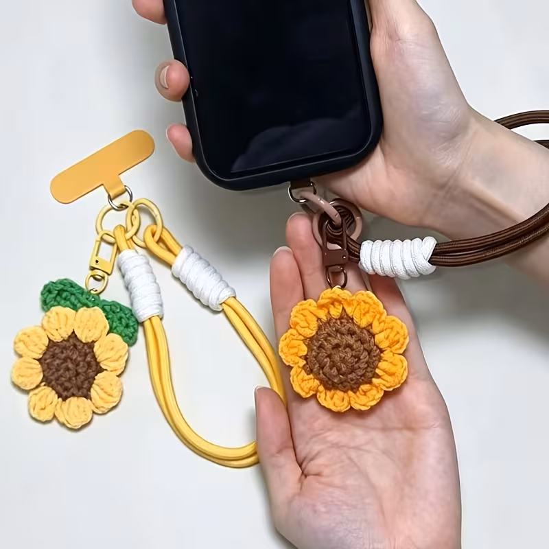1pc handmade crochet 3d sunflower phone lanyard korean woven flower wrist strap universal phone case built in patch anti lost hanging chain multi functional keychain bag earphone pendant best friend gift small accessory Product details 2