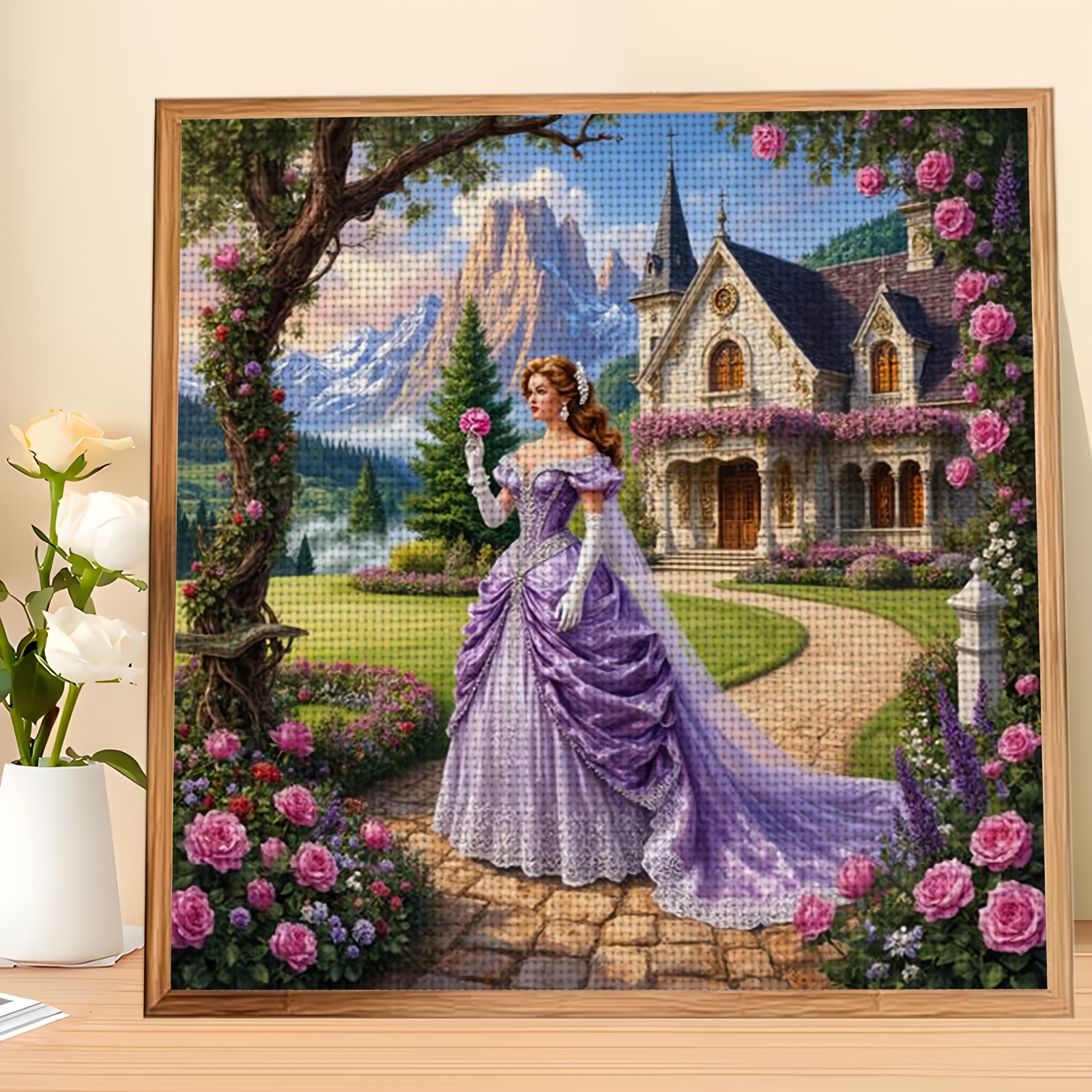 TEMU 1pc Cross Stitch Print Kit | "princess With Castle" Pattern, Ideal For Beginners, Includes Canvas, Needles, Pattern, And Instructions, Perfect