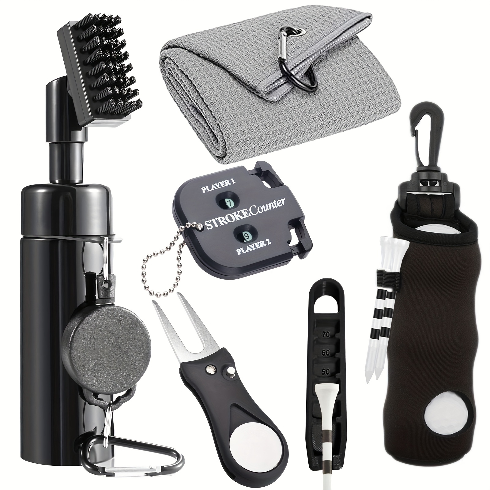 Image of Set Of 6 Golf Additions Including Brush Cleaner, Towel, Repair Tool, , And Tee Height Adjuster, Perfect Gifts For Men Who