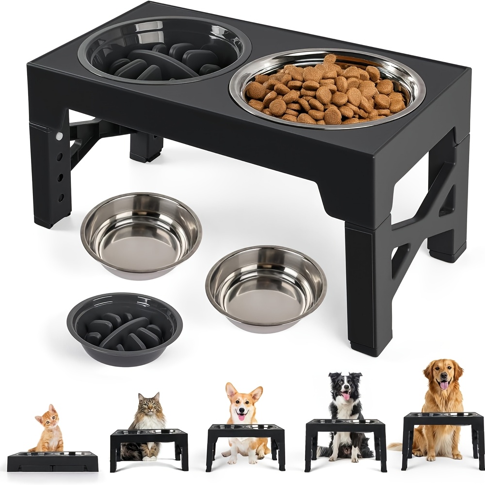 TEMU Dog High-leg Bowl, 5-step Height Adjustable Dog Bowl Stand, Includes 1 Slow Feeder Bowl + 2 Stainless Steel Bowls, Anti-slip Feeding Station For