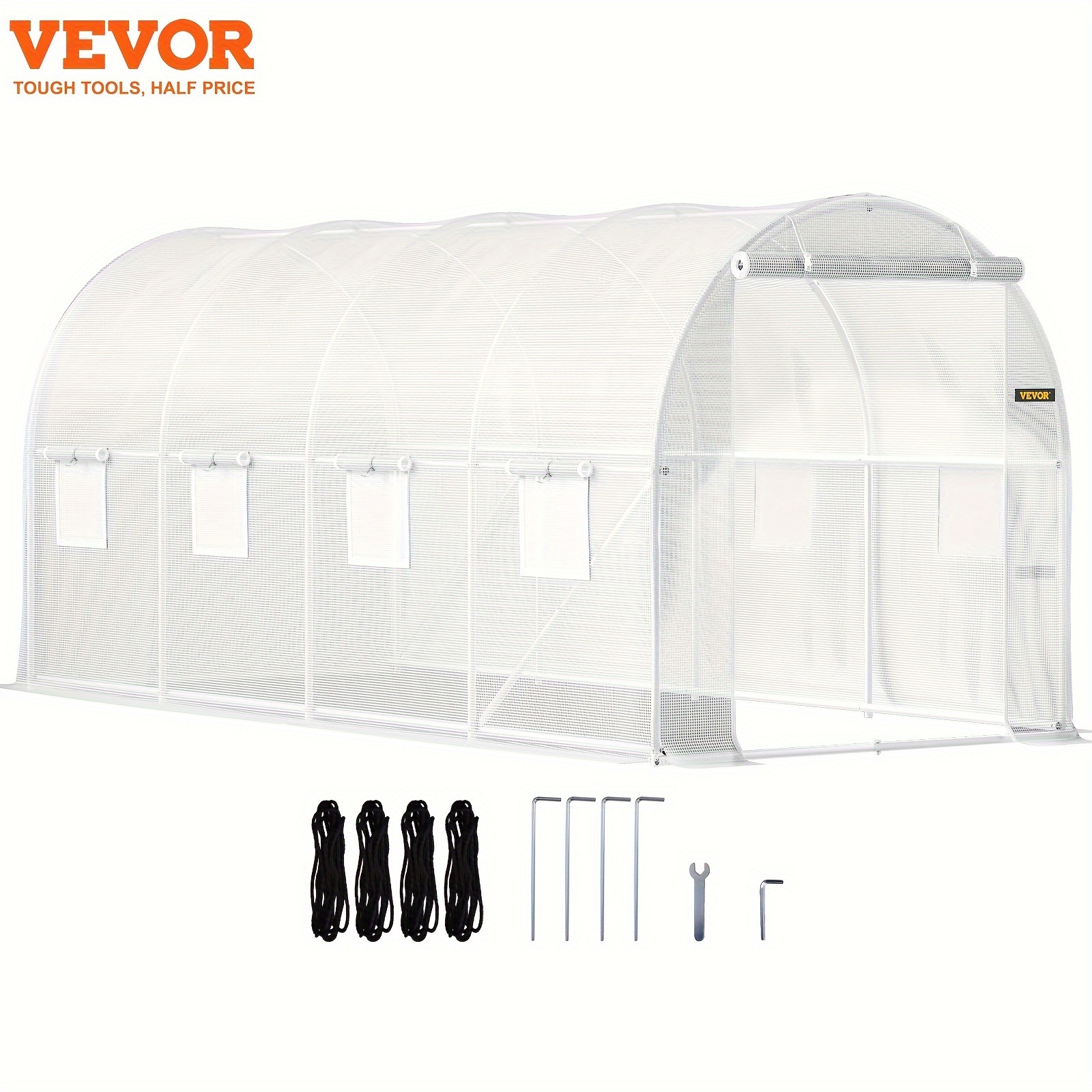 

Walk-in Tunnel Greenhouse, 15 X 7 X 7 Ft Portable Plant Hot House W/ Galvanized Steel Hoops, 1 Top Beam, Diagonal Poles, Zippered Door & 8 Roll-up Windows, White