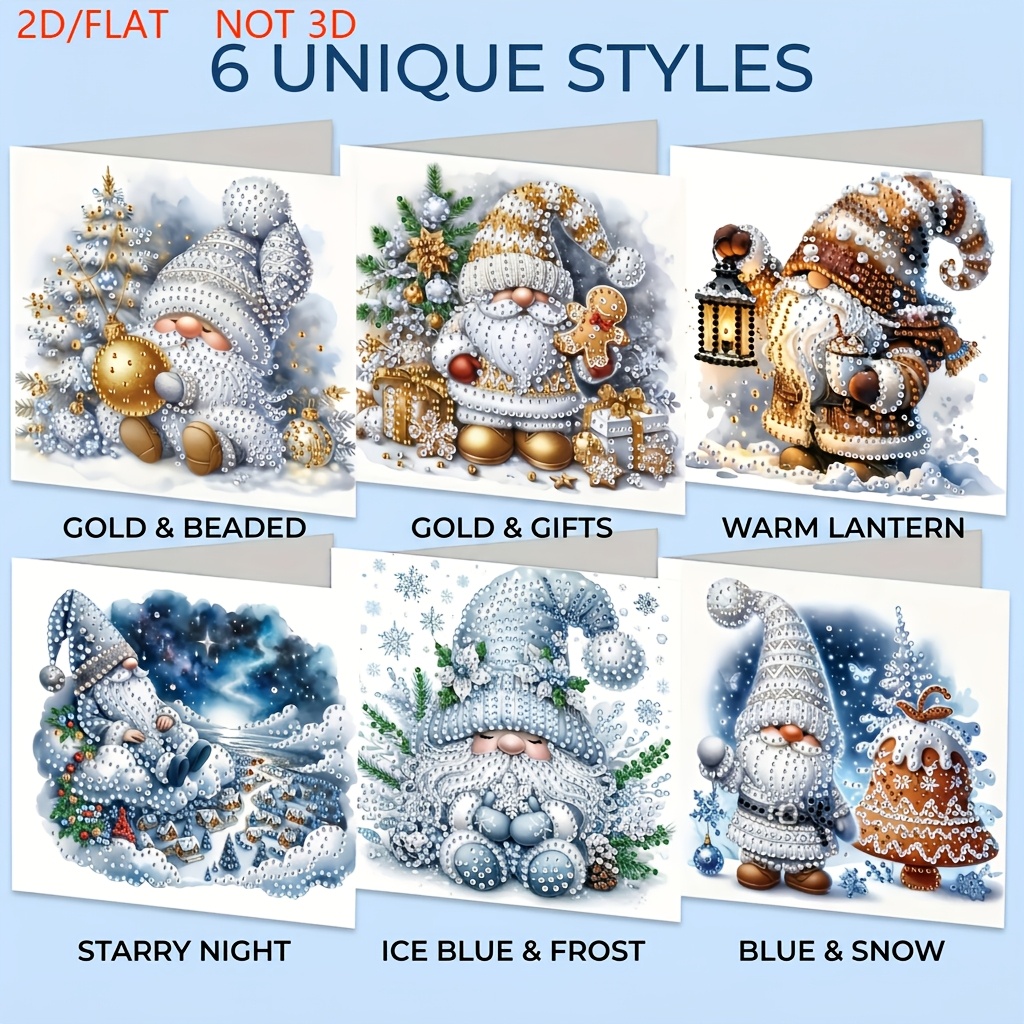 TEMU Diamond Painting - 6pcs Set 2d Flat Rhinestone Christmas Card Kit, Knitted Elf With Golden Christmas Balls And , Full Pearl Decoration, Design,