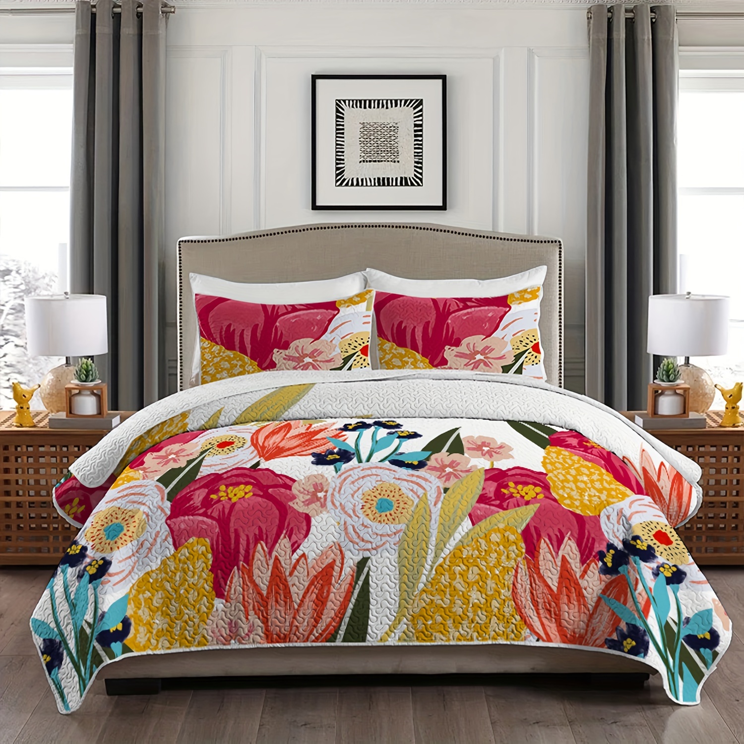 

3pcs Colorful Floral Print Bedspread Set (1 Bedspread + 2 Pillowcases, No Filling), Heart-warming Colorful Floral Print Bedspread Set, Soft Lightweight Coverlet For All Seasons