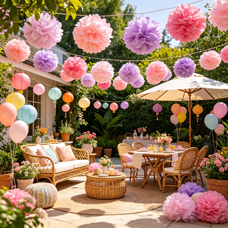 Image of 15pcs Set Of Macaron Pink-purple Paper Flower Balls, With Pink, Lavender Purple, Cherry Pink And Other Low- Macaron Colors. -dimensional Fluffy Paper Flower Shape Is Full And Exquisite
