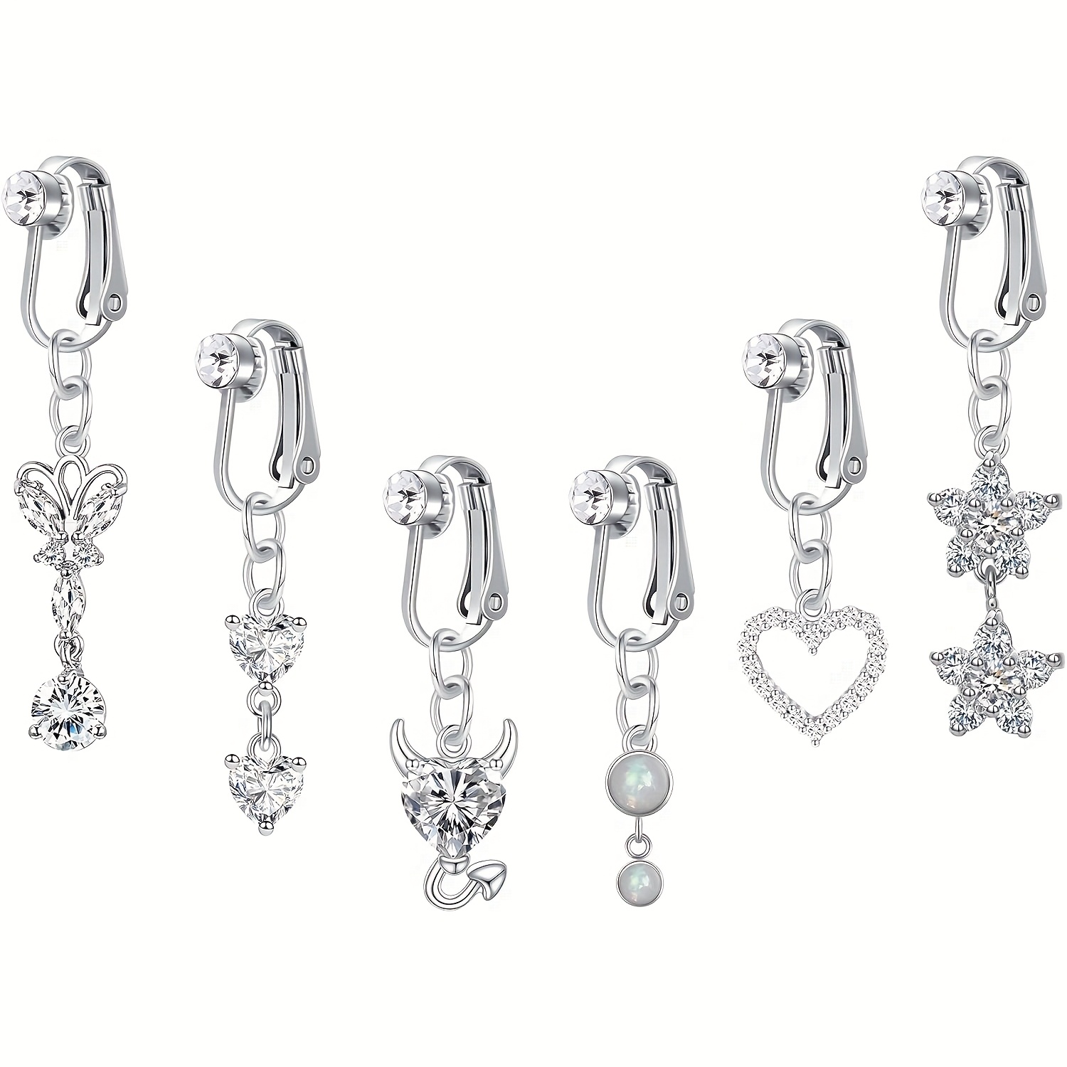 TEMU 6pcs Stainless Steel Clip-on Fake Belly Button Rings - Heart, & Floral Rhinestone Jewelry, Elegant & Cute Unisex Body Piercing Accessories For , Mothers Day Gift, Quality , Belly Button Jewelry