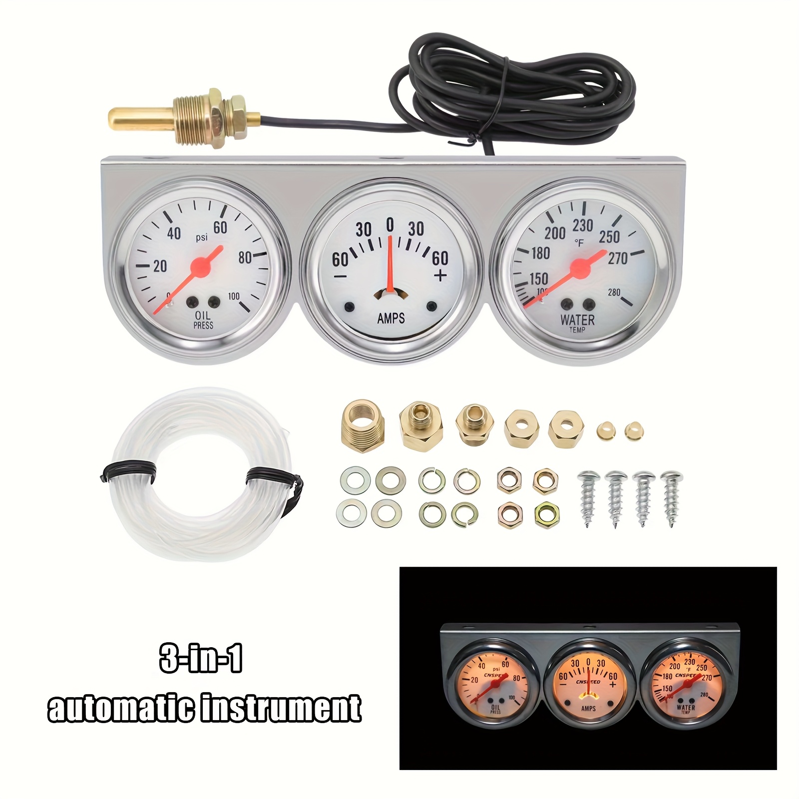E-shop 52mm Auto Auto Öl Druck Wasser Temp Amp Meter Zylinderkopfdruck mit Sensor Triple Gauge Set Mechanisches Chrom Panel Öl Druck, Ohne Batterie