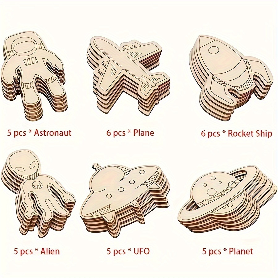 

32pcs Wooden Space-themed Hanging Ornaments - Astronaut, Rocket, Planet, Ufo & More For Diy Crafts, Party Decor, And Home Decoration, Space Room Decor