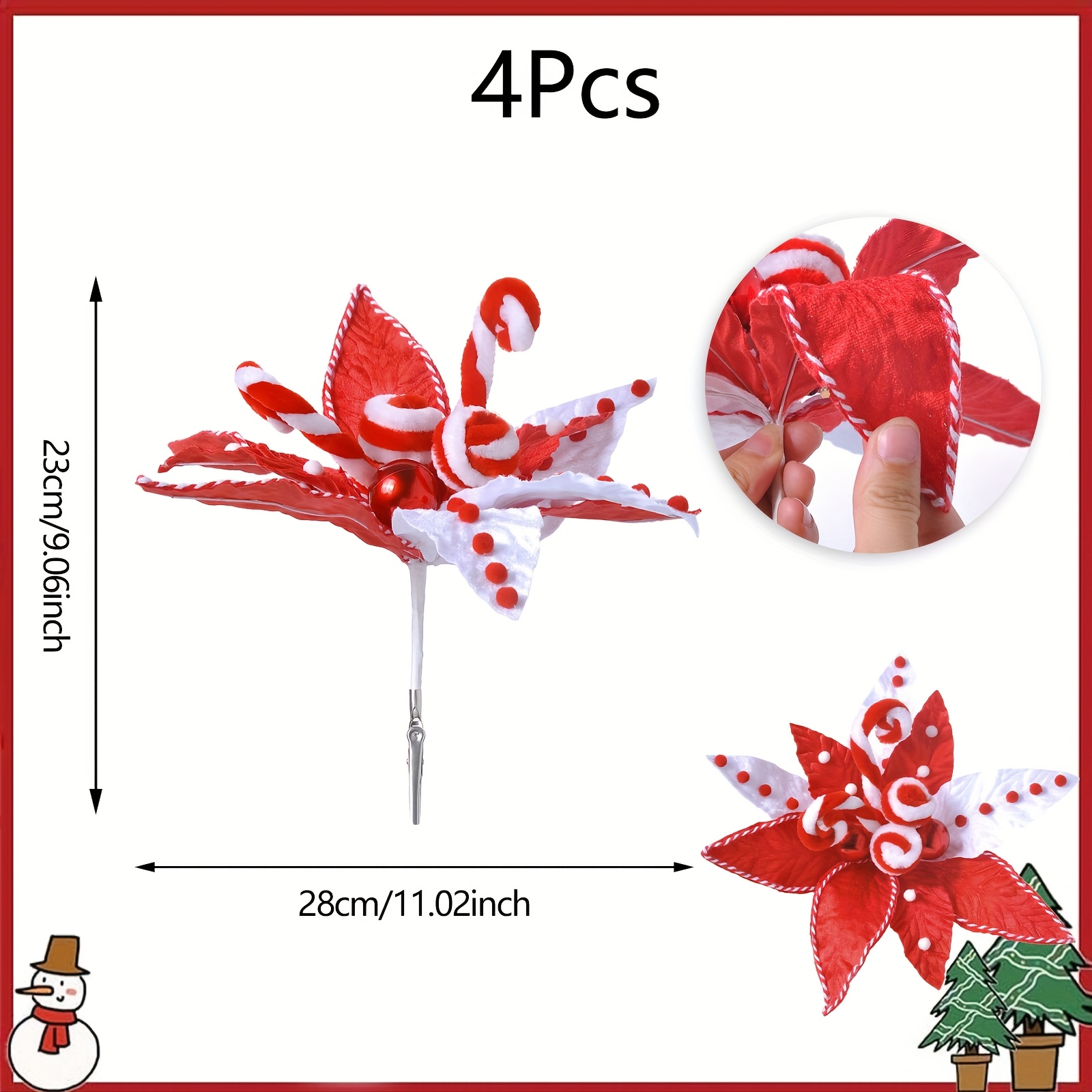 TEMU 4pcs Christmas Decoration Artificial Flowers, Christmas Faux Candy Cane Poinsettia With Red And White Berries, 11.02-inch Christmas Tree