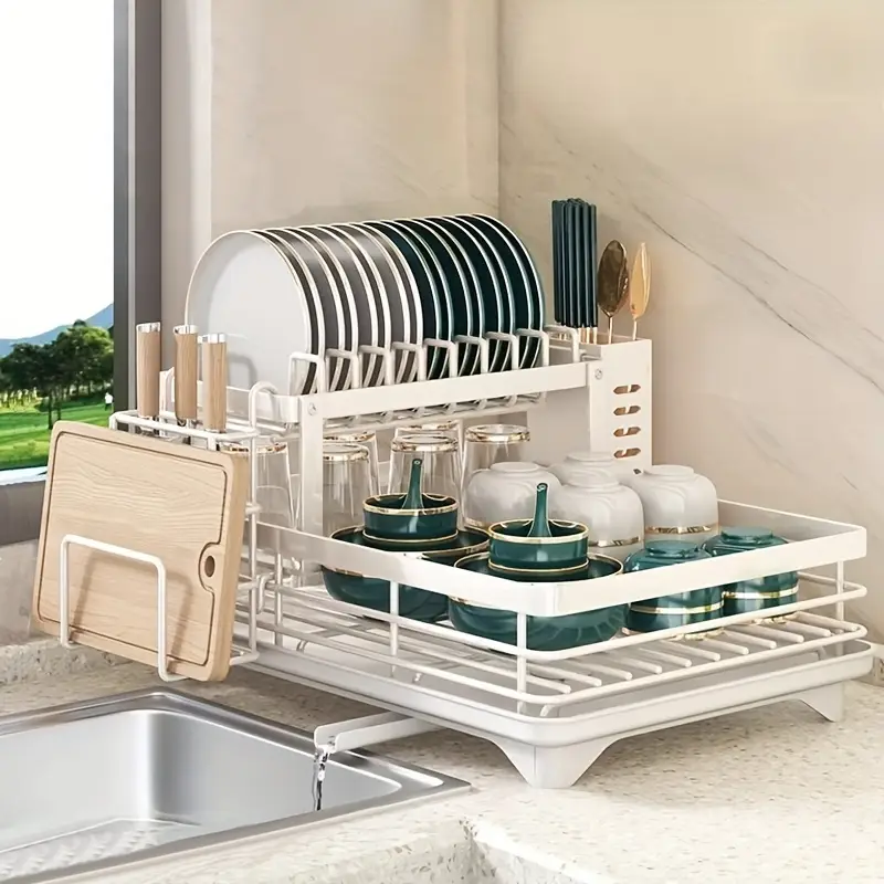 dish drying rack 2 tier dish racks for kitchen counter large stainless steel kitchen dish drying rack with detachable dish drainers with utensil holders Product details 6