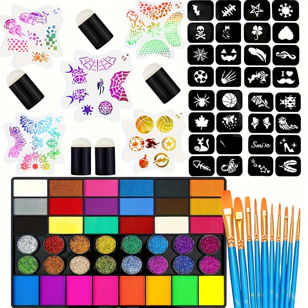 42 color quick dry paint palette 9 stencils 10 brushes finger sponge set 42 colors of fluorescent glitter sequins multicolor kit easy to clean reusable face painting tools for cosplay makeup parties birthdays halloween music festivals cosplay 0