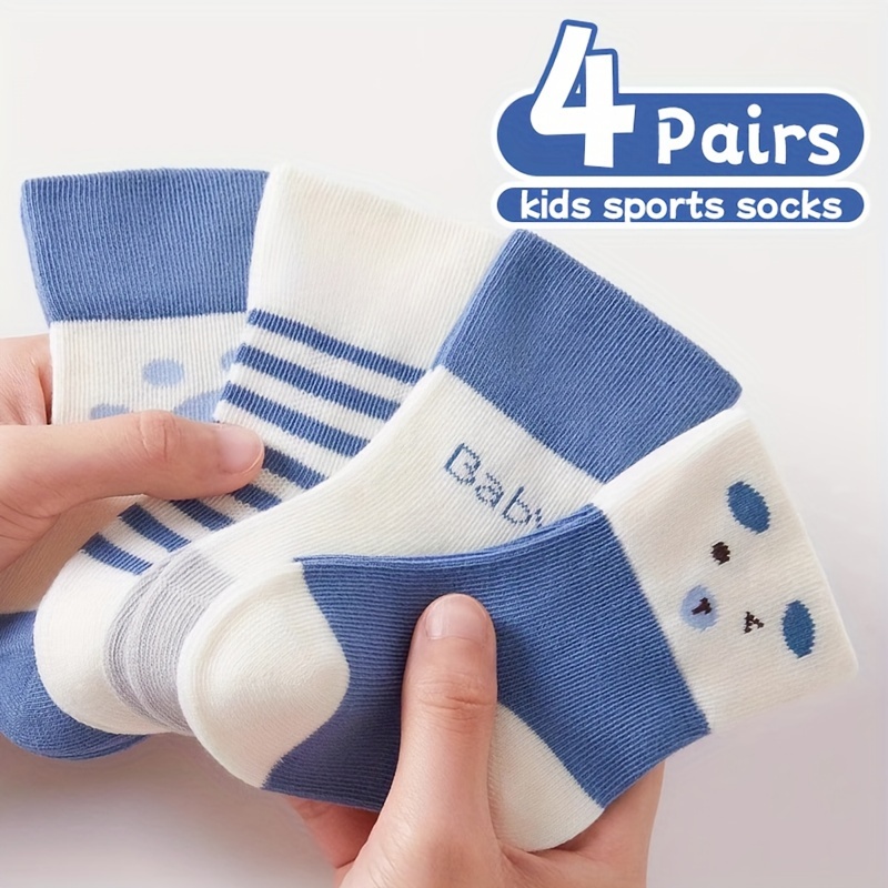 Image of Y03-blue Bear-4 Pairs Baby Socks Spring Autumn Winter Mid-calf Newborn Infant Non-constricting Boys Children Socks