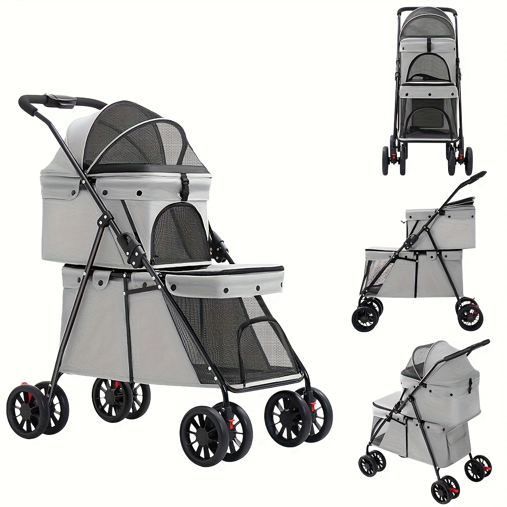 TEMU Cat/dog Stroller, Lightweight, Foldable Double-decker Stroller, Pet Stroller With Mesh Windows, Cup Holder And Rain Cover, Pet Jogging Stroller,