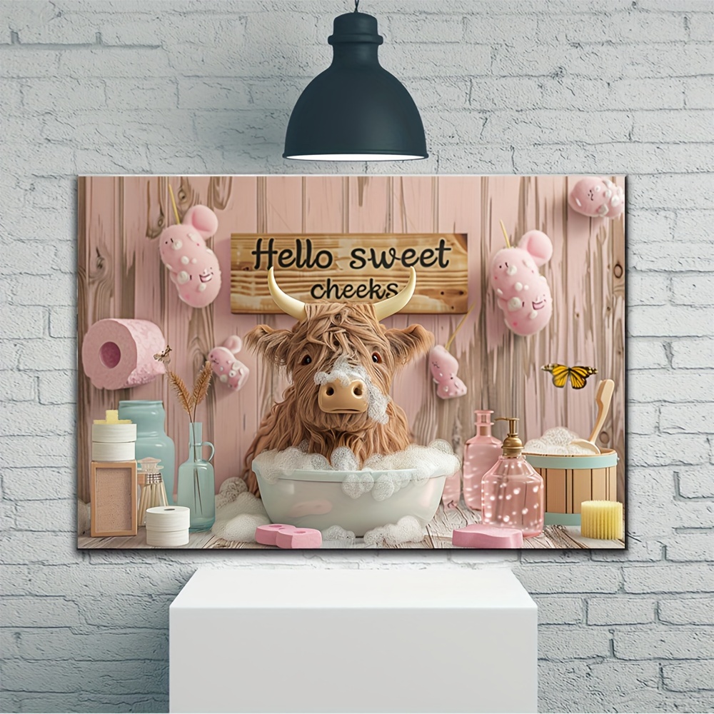 

1pc Wooden Framed Canvas Painting Highland Cow Bathoom Wall Art Prints For Home Decoration, Living Room, Bedroom, Bathoom & Bathtub, Festival Party Decor, Gifts, Ready To Hang