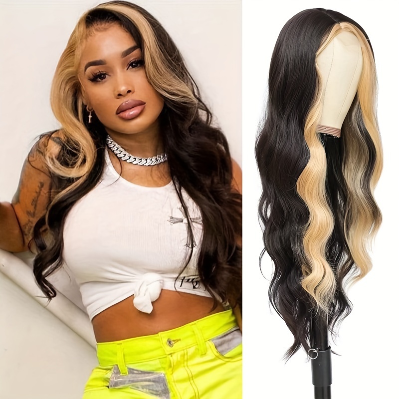 

1pc Elegant Body Wave Synthetic Lace Front Wig For Women, 28-inch Black With Blonde , Heat Resistant, 180% Density, 4x1 Lace Area, Versatile Fit