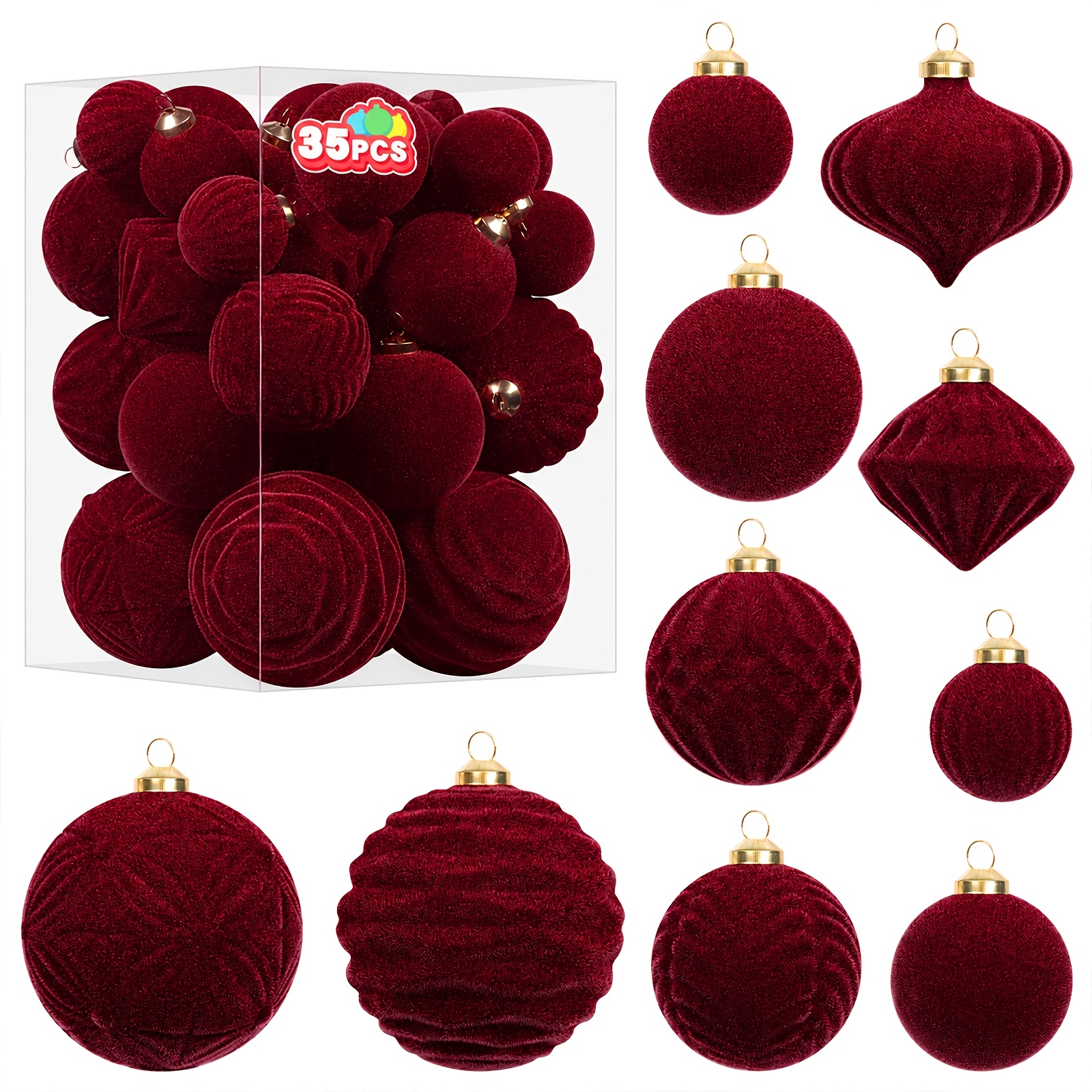 TEMU 35pcs Wine Tree Ornament Set, Burgundy Flocked Irregular-shaped Christmas Ornaments, Christmas Tree Gift Decorations, Pendant Ornaments, Scene