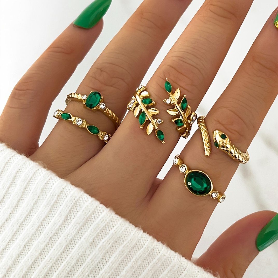 E-shop 5er-Pack Damen Vintage Strass-Ringset – Schlangenblatt- & Blattmotiv-Ringe, geeignet für Hochzeiten, Partys, Festivals – Eleganter Geschenkring