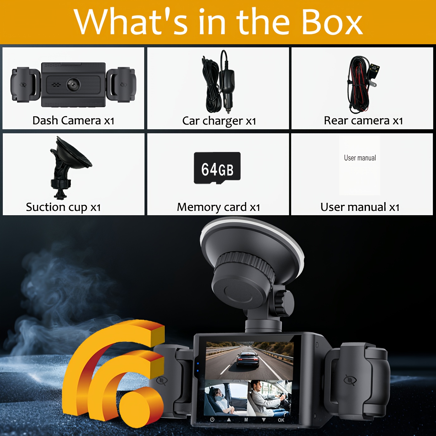 1080p Dash Cam With Front, Rear, Left & Right Recording - Includes Optional 64gb Sd Card, 360° Rotating Camera, Loop Recording, Ir Night Vision, & Wdr & Essential Accessory For Safety And Security!