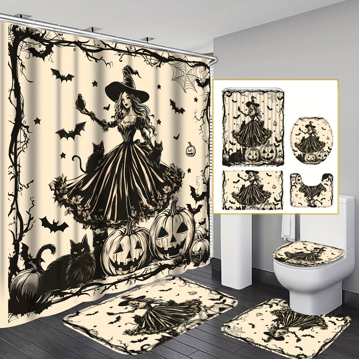 TEMU 4pcs Halloween Shower Curtain Set, Witch Pumpkins With Bats And Cats For Halloween High Quality Shower Curtain Bathroom Sets Full Set With 12