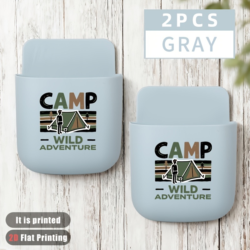 TEMU 2pcs Camping Pattern No-drill Phone Holder Wall-mounted Box, Bathroom Wall-mounted Storage Box, Phone Storage Shelf Hanger, 2d Flat Printing, 2d