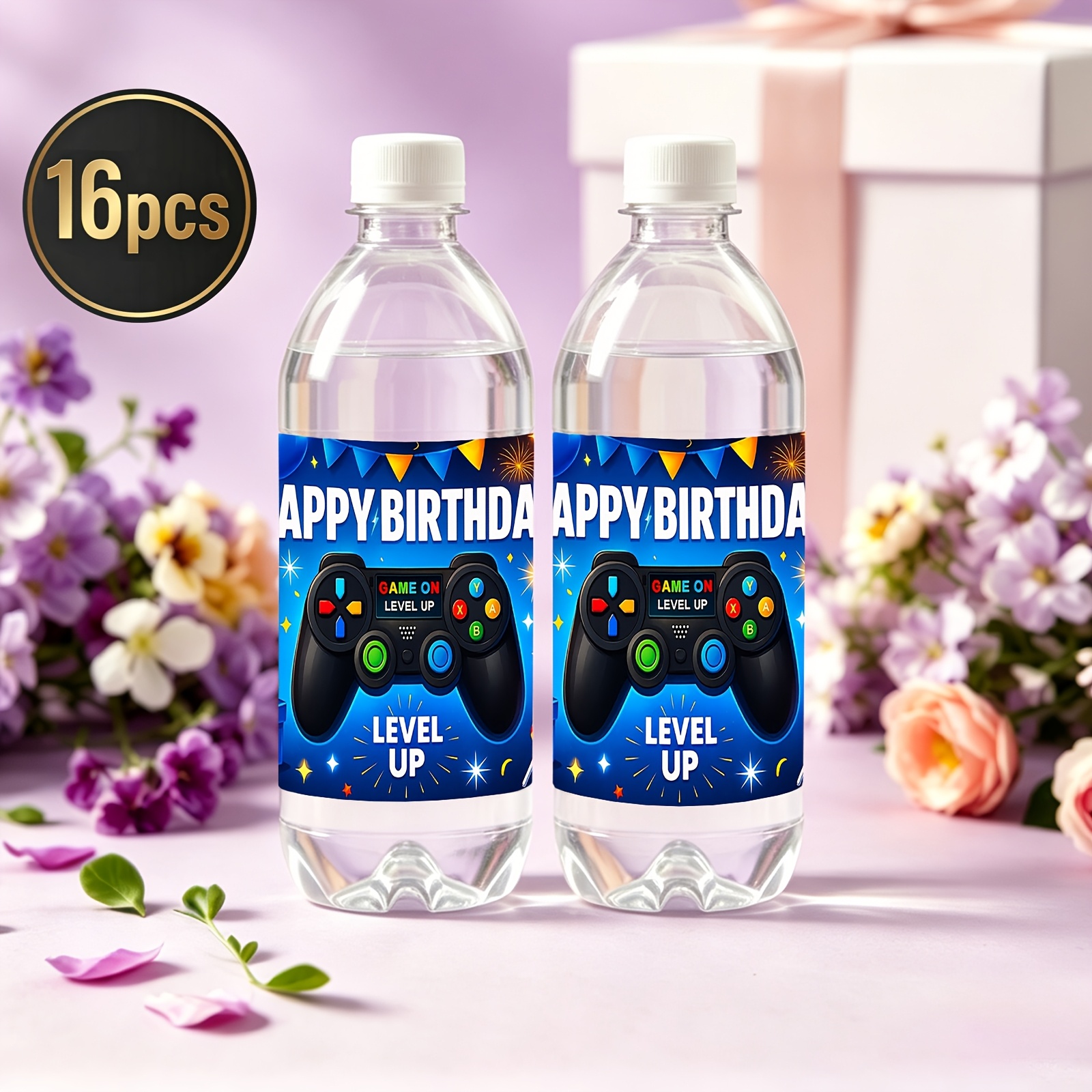 TEMU 2d Flat 16pcs Water Bottle Labels Stickers Level Up Your Birthday The Game- On Celebration For Party Decorations Party Supplies Gift Boxes Gift