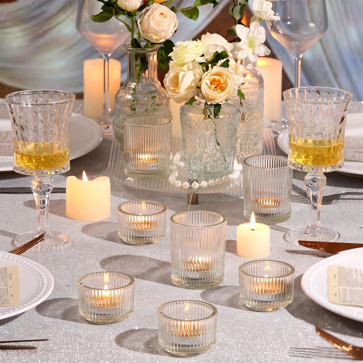 Image of 12pcs Assorted Clear Votive Candle Holders For Wedding Centerpiece, Clear Tea Light Candle Holders, Glass Candle Holder For Table Centerpiece, Wedding, Decorations